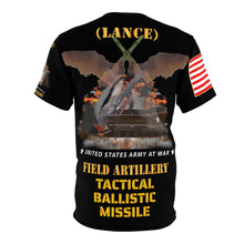 Load image into Gallery viewer, AOP - Field Artillery - LANCE - MGM-52 - Tactical Ballistic Missile - Firing - Cold War Strategic Weapon - 2 Missiles Firing on Back
