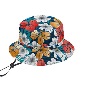 All Over Print Bucket Hats with Adjustable String - Bright Blue Beach Tropical Flowers