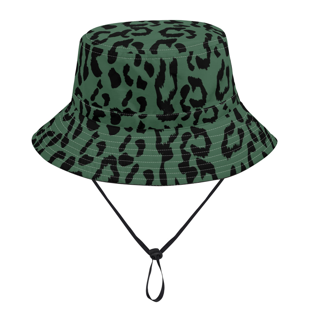 All Over Print Bucket Hats with Adjustable String - Leopard Camouflage - Green-Black