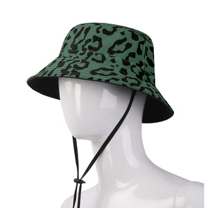 All Over Print Bucket Hats with Adjustable String - Leopard Camouflage - Green-Black