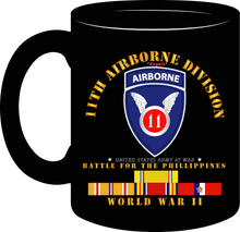 Load image into Gallery viewer, Army - 11th Airborne Division - Battle of Phil. - World War II with Pacific Service Ribbons - Mug
