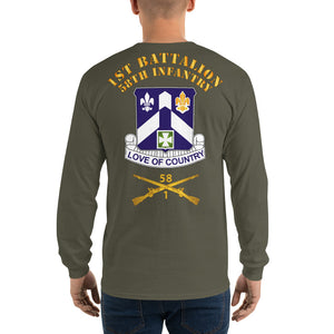 Men’s Long Sleeve Shirt - B Co, 1st Battalion, 58th Infantry Guidon Front, Crest Back with 1/58 Branch